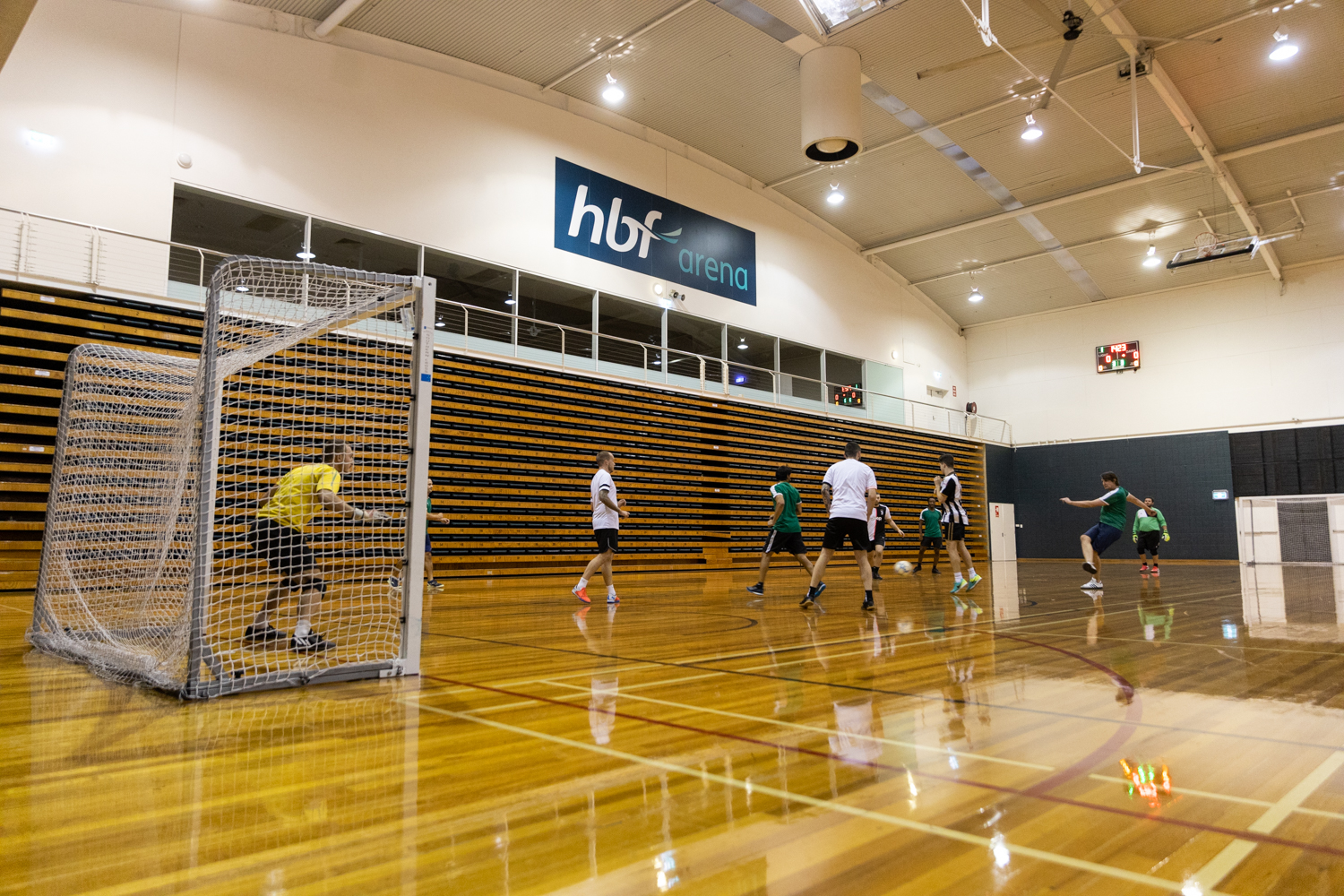 View of indoor court during a men's futsal game